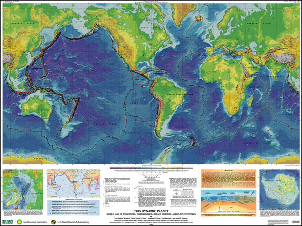 Lee más sobre el artículo This dynamic planet: mapa mundial de volcanes, terremotos y cráteres